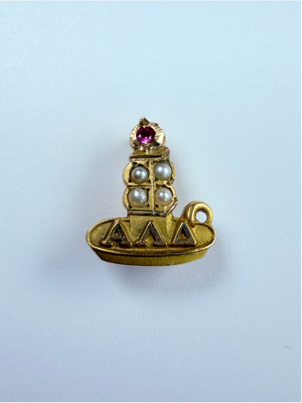 10K Yellow Gold Fraternity Alpha Lambda Delta Ruby Seed Pearl Brooch Pin